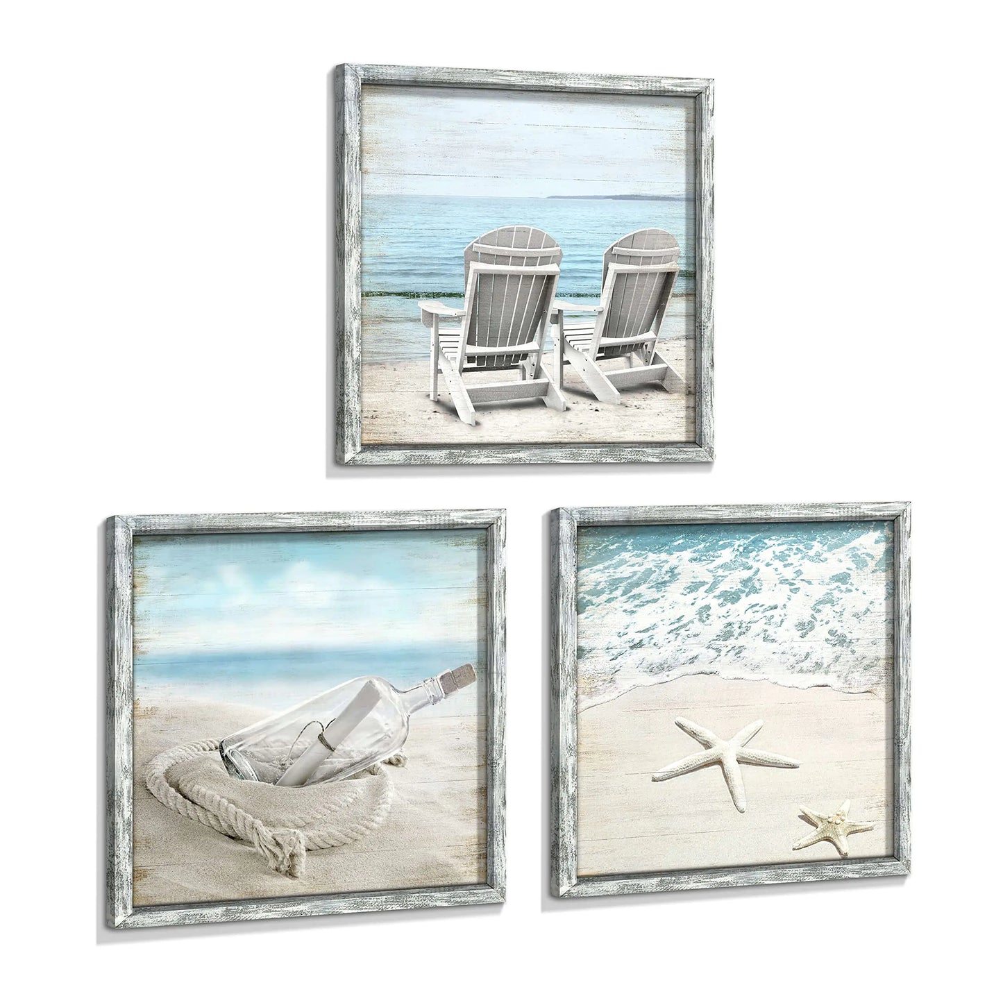 Seascape Pictures Framed Wall Artwork: Ocean Wall Art Set of 3 Beach Chairs & Drift Bottle Wall Art Coastal Prints on Wood for Bedroom