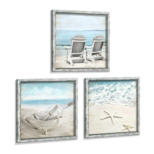Seascape Pictures Framed Wall Artwork: Ocean Wall Art Set of 3 Beach Chairs & Drift Bottle Wall Art Coastal Prints on Wood for Bedroom