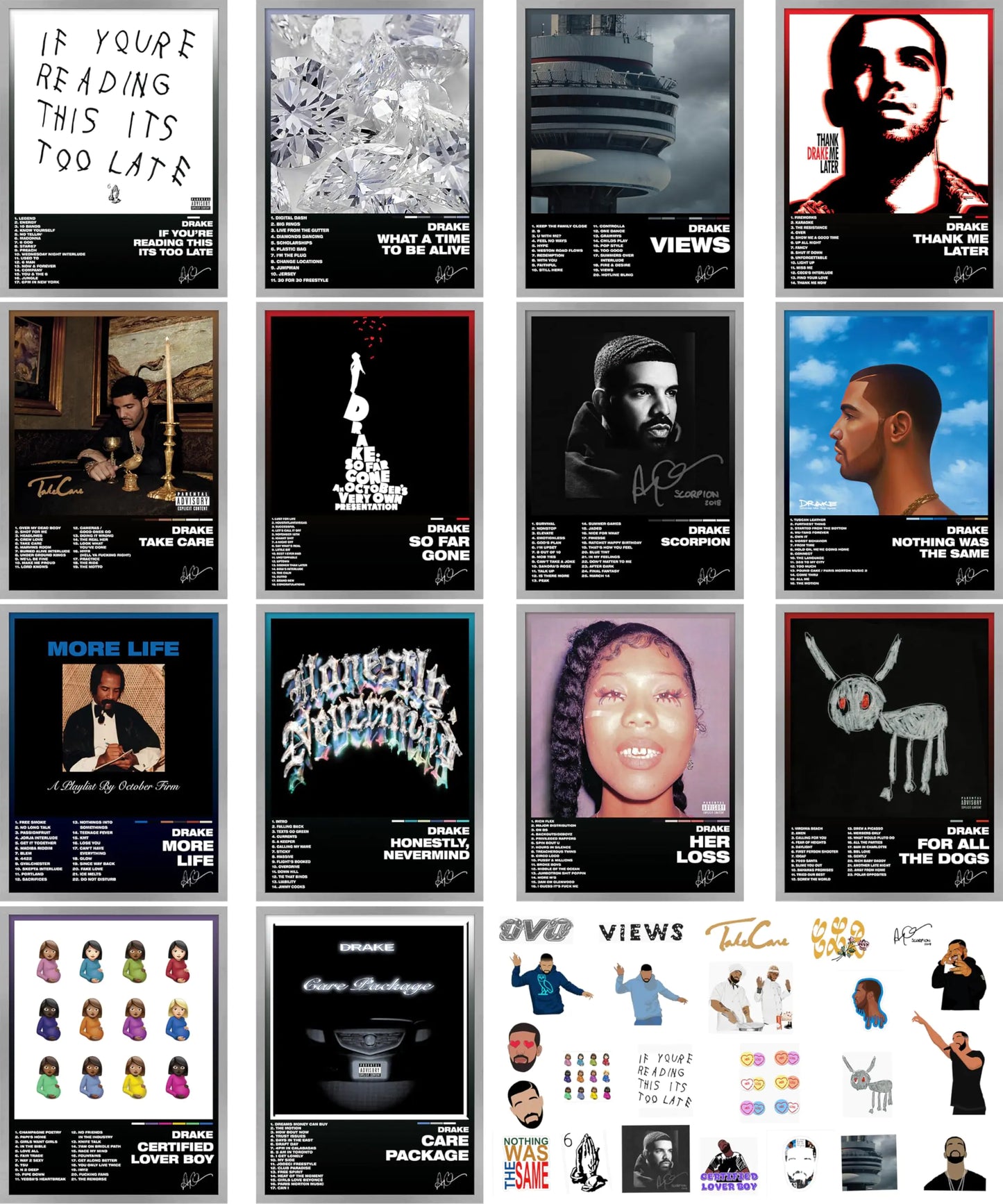 Drake Album Series - 13 Unframed Posters & 25 Stickers Set, 12x16